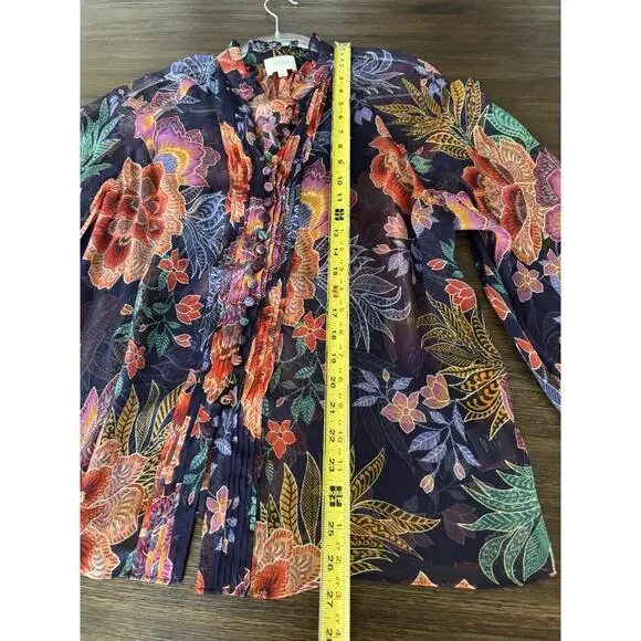 Johnny Was Jade Octavia Floral Silk Blouse Womens Large Oriental Semi Sheer - Picture 14 of 16
